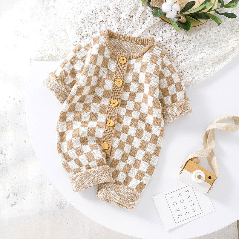 Samuel Checkered Knit Onesie Caramel - Clearance